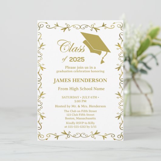 エレガントフォーマル金ゴールド大学卒業パーティー2025 招待状 (スタンド正面)