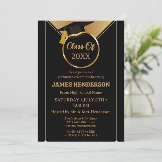 エレガントフォーマル金ゴールド大学卒業パーティー2025 招待状 (スタンド正面)