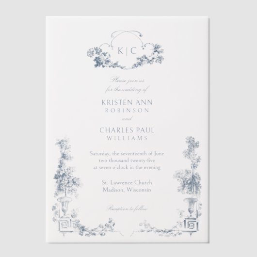 エレガントフランスのクラシックフローラ ベラム紙招待状 (正面)