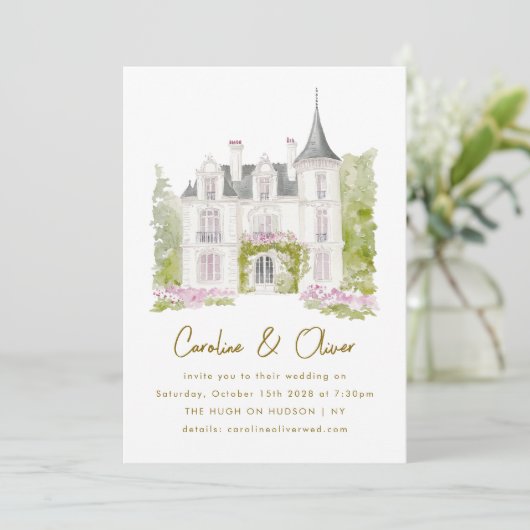 エレガントフランスのシャトー水結婚色 招待状 (スタンド正面)