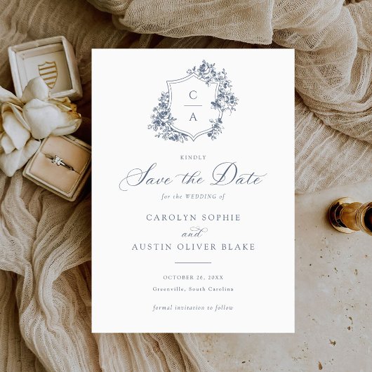 エレガントフランスのバラフローラ青いクレスト救日付 招待状