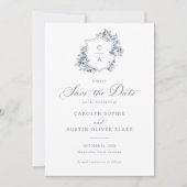 エレガントフランスのバラフローラ青いクレスト救日付 招待状 (正面)