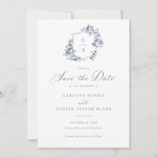 エレガントフランスのバラフローラ青いクレスト救日付 招待状 (正面)