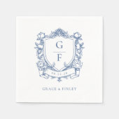 エレガントフランスのバラブルーモノグラム結婚クレスト スタンダードカクテルナプキン (正面)