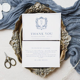 エレガントフランスのフローラブルーモノグラム結婚クレスト サンキューカード