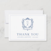 エレガントフランスのフローラブルーモノグラム結婚クレスト サンキューカード (正面)