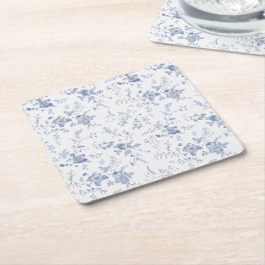 エレガントフランスのヴィンテージブルーフローラジュイ結婚ズ スクエアペーパーコースター (アングル)