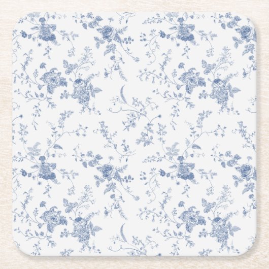 エレガントフランスのヴィンテージブルーフローラジュイ結婚ズ スクエアペーパーコースター (正面)
