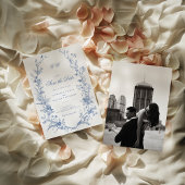 エレガントフランスのヴィンテージ青フローラ保存日付 招待状