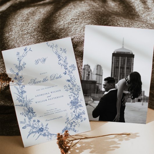 エレガントフランスのヴィンテージ青フローラ保存日付 招待状