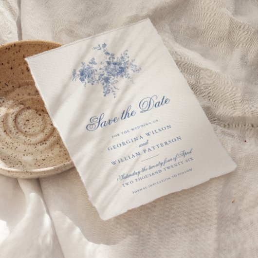 エレガントフランスのヴィンテージ青フローラ保存日付 招待状