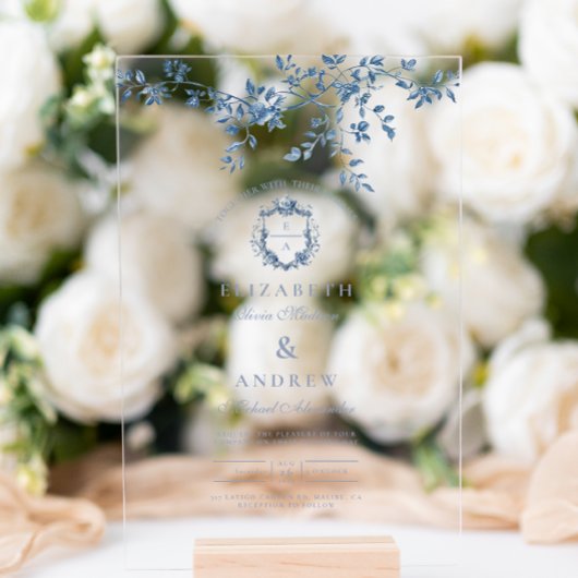 エレガントフランスのヴィンテージ青フローラ結婚ズ アクリルサイン