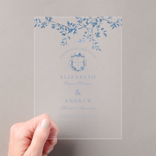 エレガントフランスのヴィンテージ青フローラ結婚ズ アクリル招待状 (インサイチュ (ポータブル))