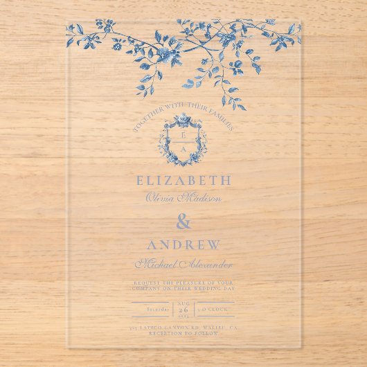 エレガントフランスのヴィンテージ青フローラ結婚ズ アクリル招待状 (正面)
