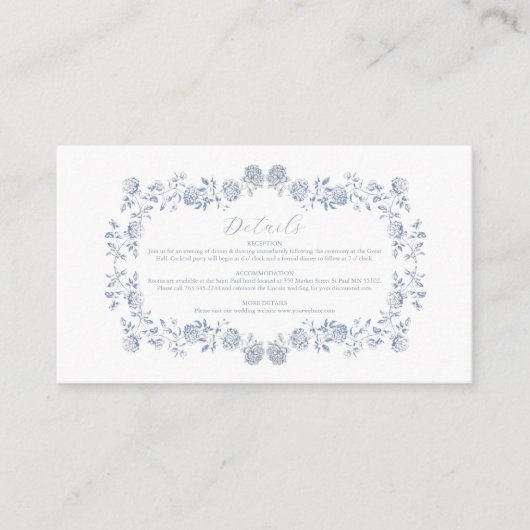 エレガントフランスのヴィンテージ青フローラ結婚ズ エンクロージャーカード (正面)