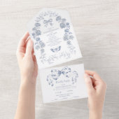 エレガントフランスのヴィンテージ青フローラ結婚ズ オールインワン招待状 (貼ってはがせる)