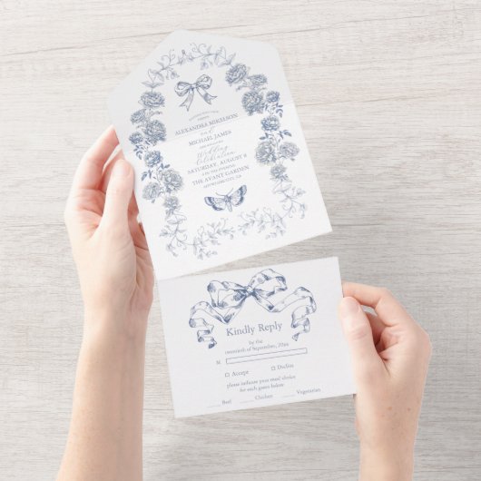 エレガントフランスのヴィンテージ青フローラ結婚ズ オールインワン招待状 (貼ってはがせる)