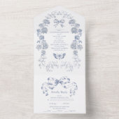 エレガントフランスのヴィンテージ青フローラ結婚ズ オールインワン招待状 (内側)