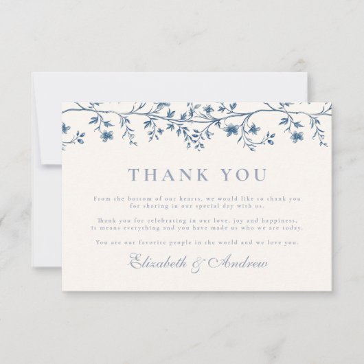 エレガントフランスのヴィンテージ青フローラ結婚ズ サンキューカード (正面)