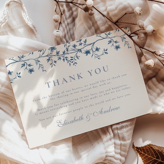 エレガントフランスのヴィンテージ青フローラ結婚ズ サンキューカード