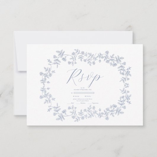 エレガントフランスのヴィンテージ青フローラ結婚ズ 出欠カード (正面)