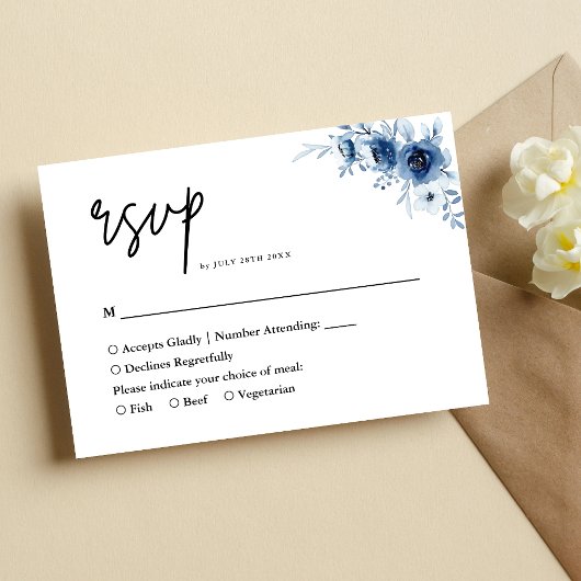 エレガントフランスのヴィンテージ青フローラ結婚ズ 出欠カード