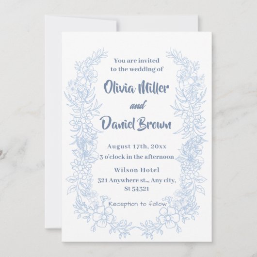 エレガントフランスのヴィンテージ青フローラ結婚ズ 招待状 (正面)
