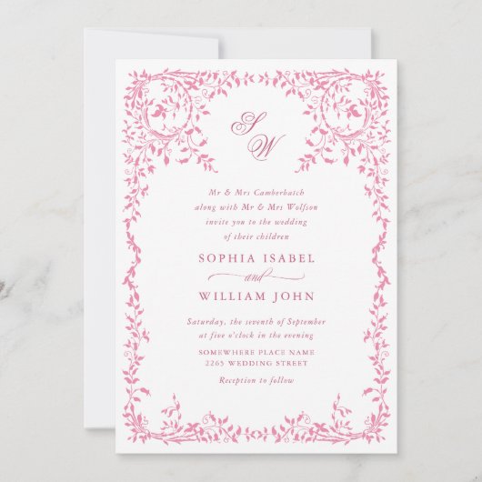 エレガントフランスの華美フローラ結婚フレームのQRコード 招待状 (正面)