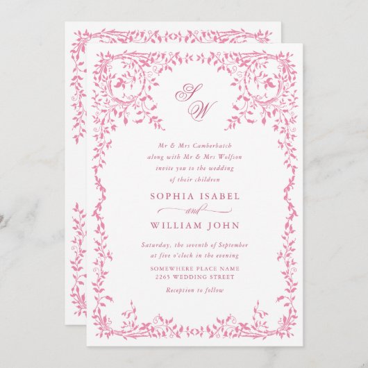 エレガントフランスの華美フローラ結婚フレームのQRコード 招待状 (正面/裏面)