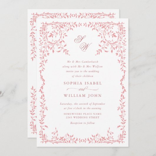 エレガントフランスの華美フローラ結婚フレームのQRコード 招待状 (正面/裏面)