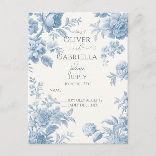 エレガントフランスのBlueフローラ結婚のRSPV インビテーションポストカード (正面)