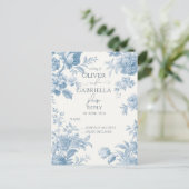 エレガントフランスのBlueフローラ結婚のRSPV インビテーションポストカード (スタンド正面)