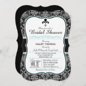 エレガントフルーアデリスブライダルシャワー、ブラックダマスク 招待状 (正面/裏面)