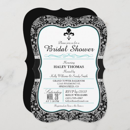 エレガントフルーアデリスブライダルシャワー、ブラックダマスク 招待状 (正面/裏面)
