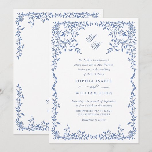 エレガントフレンチ装飾フラワーフレーム結婚式QRコード 招待状 (正面/裏面)