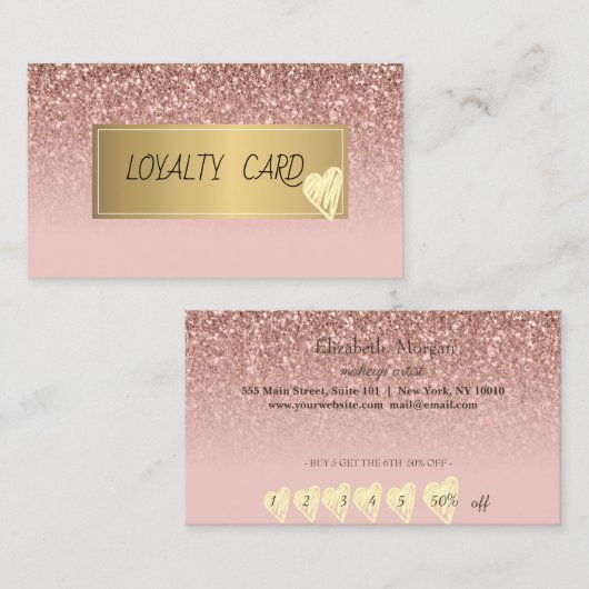 エレガントフレーム、金ゴールドハートバラ金ゴールドグリッター ロイヤリティカード (正面/裏面)