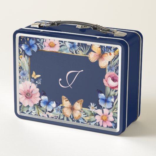エレガントフローラかわいらしレトロブルーパーソナライズされた メタルランチボックス (裏面)