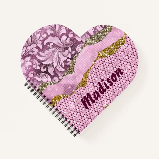 エレガントフローラきらびやかな紫ピンクの金ゴールドモノグラム ノートブック (正面)