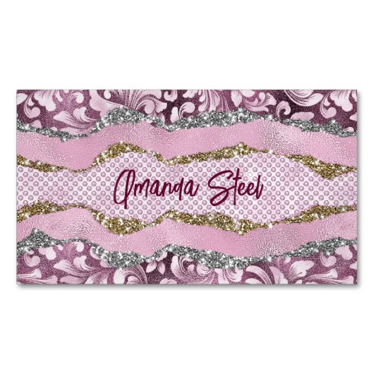 エレガントフローラきらびやかな紫ピンクの金ゴールドモノグラム マグネット名刺 (正面)