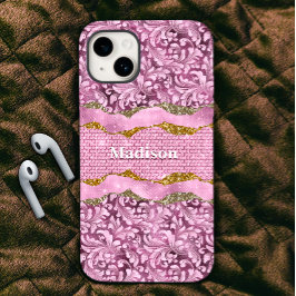 エレガントフローラきらびやかな紫ピンクの金ゴールドモノグラム iPhone 15ケース