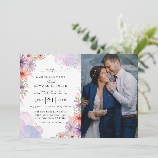 エレガントフローラとカップルの結婚写真 招待状 (スタンド正面)