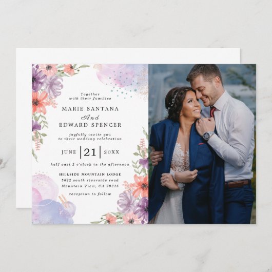 エレガントフローラとカップルの結婚写真 招待状 (正面/裏面)