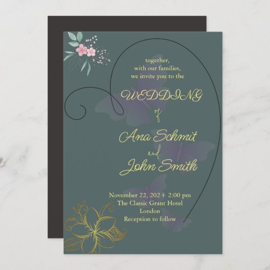 エレガントフローラとハート結婚のカードデザイン 招待状 (正面/裏面)