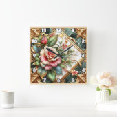 エレガントフローラとバラの離れ取り決め スクエア壁時計 (ホーム)