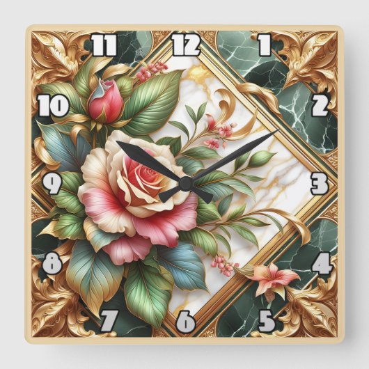 エレガントフローラとバラの離れ取り決め スクエア壁時計 (正面)
