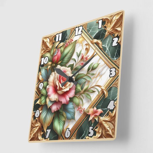 エレガントフローラとバラの離れ取り決め スクエア壁時計 (傾斜)