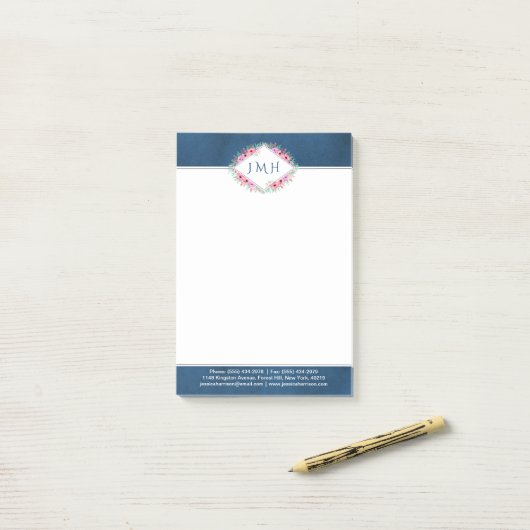 エレガントフローラと海軍の個人またはビジネス ポストイット (デスク上)