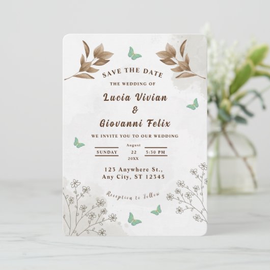 エレガントフローラと蝶結婚式招待状 招待状 (スタンド正面)