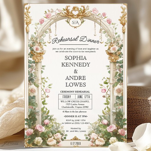 エレガントフローラと金ゴールドアーチリハーサルディナー 招待状