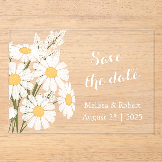 エレガントフローラの白いデイジー日付の保存 アクリル招待状 (正面)